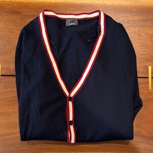 H&M Men's Navy Cardigan with Red and White Trim
